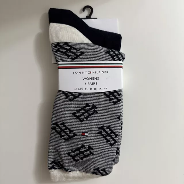 TOMMY HILFIGER Womens TH Logo Ankle SOCKS 2 pairs Navy Combo *NEW* EU35-38 UK2-5