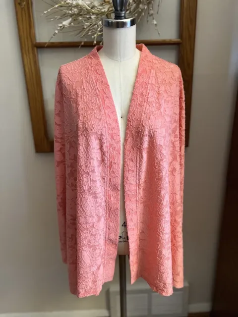 Susan Graver M Cardigan Top Lace Coral Pink Semi Sheer Polyester/Spandex