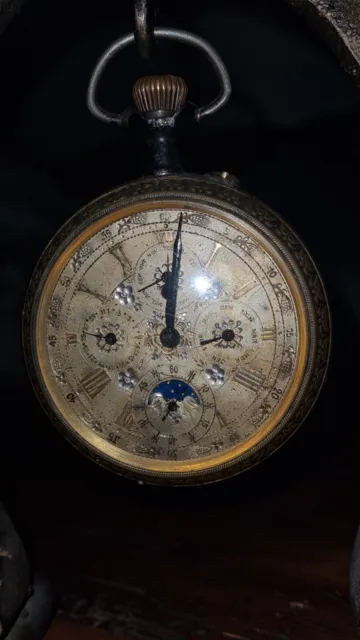 Antike Rarität Taschenuhr mit Vollkalender und Mondphase ca 1900 Durchmesser 2