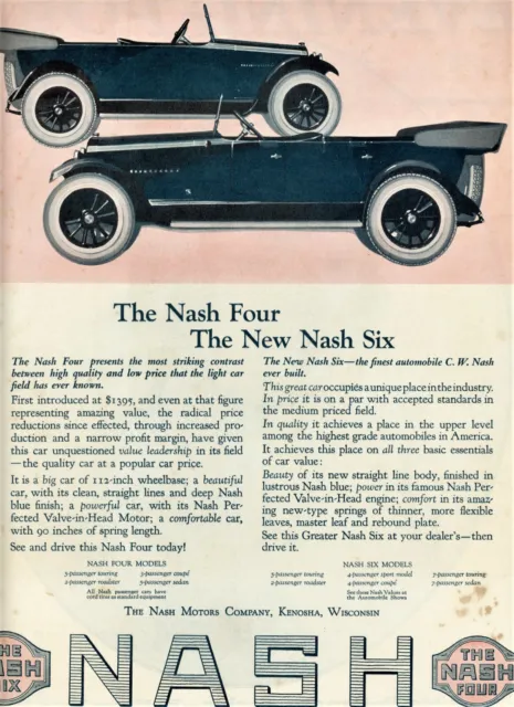 1922 Original Nash Ad. Four & Six CyilnderModels Displayed. Big Color Page