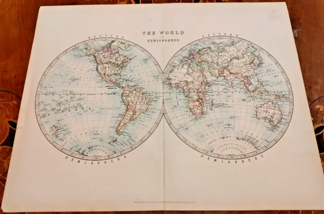 1900 Johnston Colour Atlas Map Chart World in Hemispheres Unknown Antarctic Seas