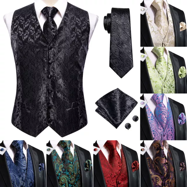 Mens Paisley Waistcoat Casual Wedding Vest Silk Tie Set Casual Formal Tops Suit