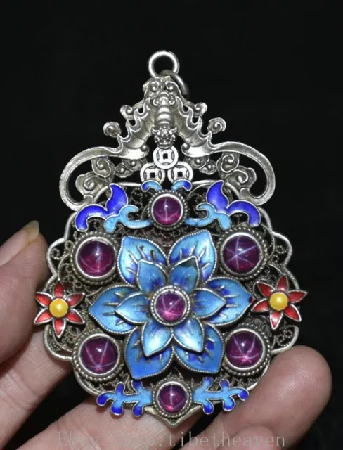 3.2" Rare Old Chinese Silver inlay Red Gems Cloisonne Flower Bat Pendant