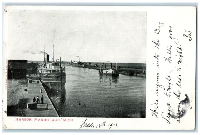 1906 Harbor Steam Boat Ship Dock Smokestacks Manistique Michigan MI Postcard