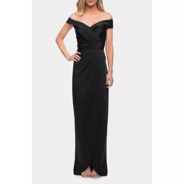 La Femme 25206 Long Jersey Column Dress Gowm Black Ruching Cap Sleeves US 14 NWT