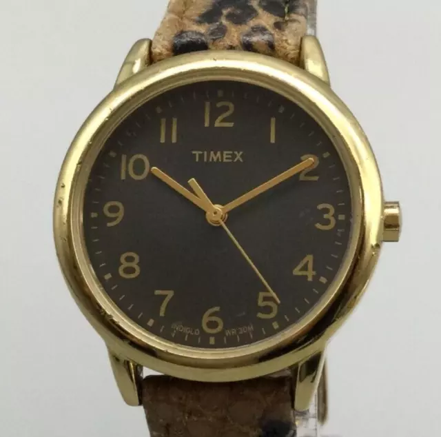 Timex Watch Women Gold Tone Brown Dial Snakeskin Leather Band New Battery