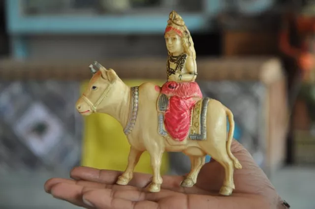 Vintage Unique Lord Krishna On Ox/Bull/Cow Colorful Celluloid Figurine