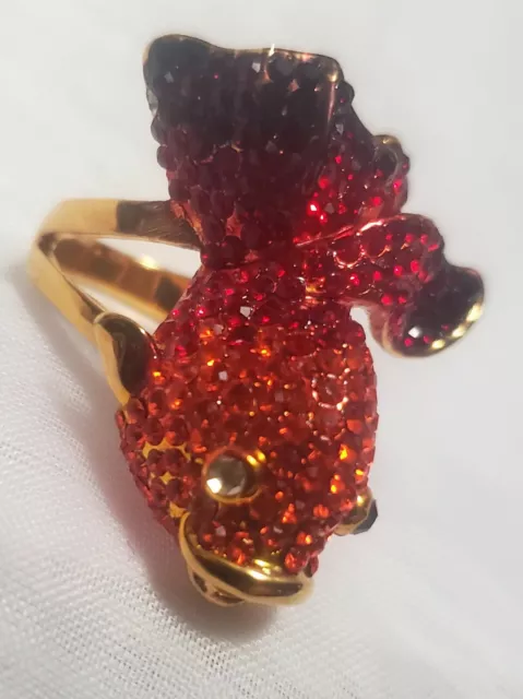 VTG Aldo signed Golden Red Rhinestones Studded Fish Glamor Ring size 7