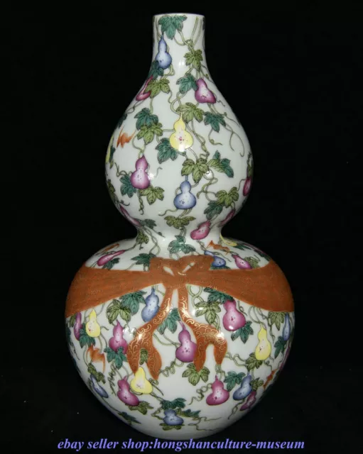 10.8"Qianlong Marked Old China Famile Rose Porcelain Dynasty Gourd Bottle Vase