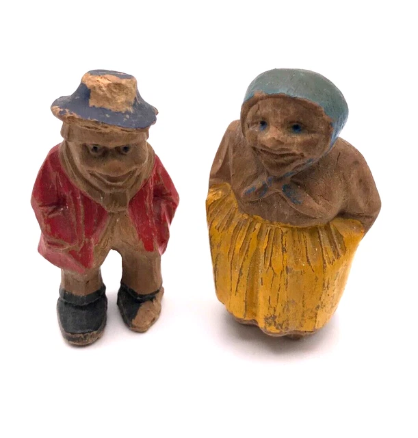 Antique Folk Art Carved Wood Hand Painted Man & Woman Figures