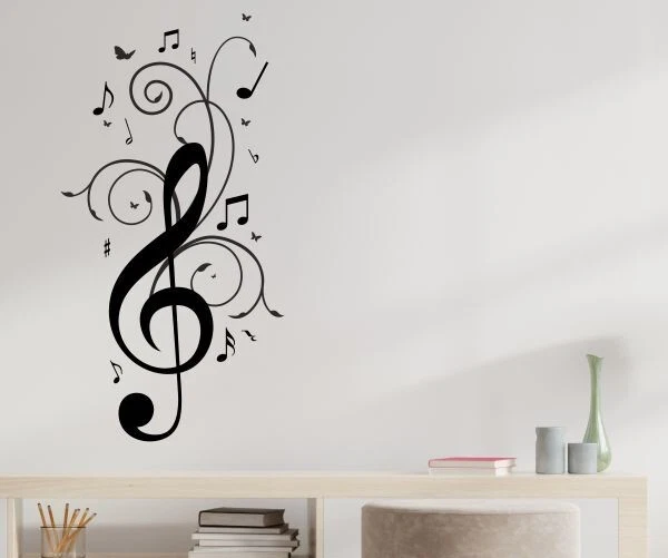 Wandtattoo Musiknoten & Violinschlüssel Mit Blumen – Vinyl-Aufkleber, Ca. 48x116 Cm, Abziehbar – Deko Für Wohnzimmer & Schlafzimmer