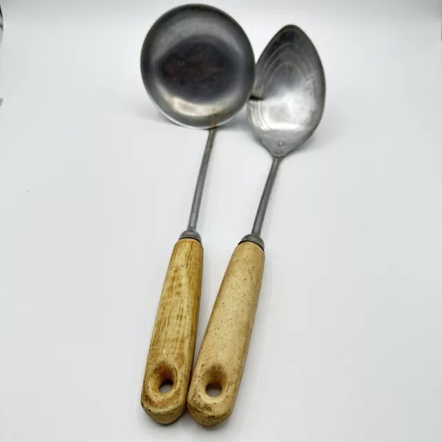 Vintage Soup Ladle & Serving Spoon Stainless Wood Handle USSR Russian Soviet