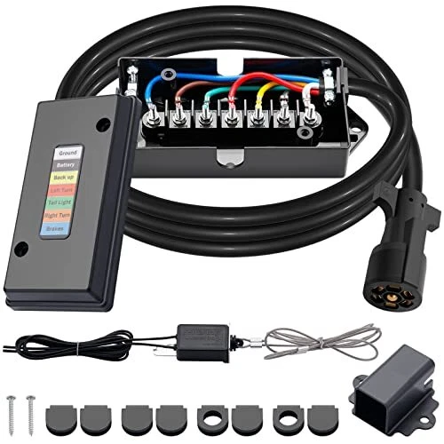 7 Way Trailer Cord and 7 Gang Junction Box Kit with 12V Breakaway Sw...