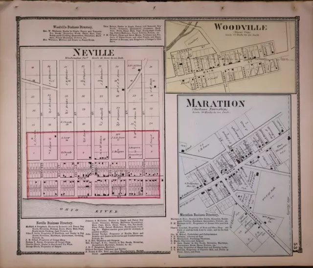 1870 Plat Map ~ NEVILLE, WOODVILLE, MARATHON Twp., CLERMONT Co, OHIO ~ Free S&H