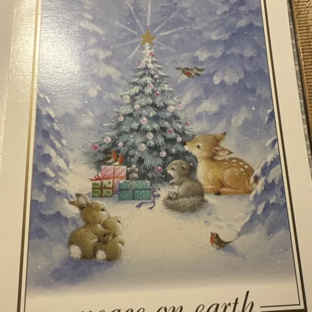 Vtg UNUSED Christmas Card Fawn Deer Tree Woodland Creatures Squirrel W/Env