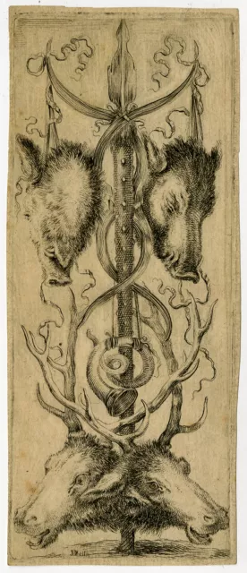 Antique Print-ORNAMENT-HUNTING TROPHY-BOAR-DEER-SPEAR-Della Bella-ca. 1650