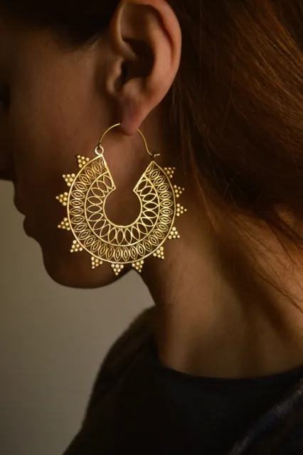Gold Plated Mandala African Ethnic Tribal Brass Hoops Large Gypsy Earrings