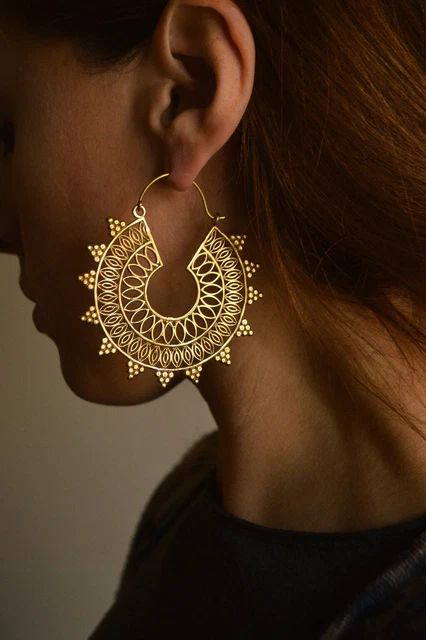 Gold Plated Mandala African Ethnic Tribal Brass Hoops Large Gypsy Earrings