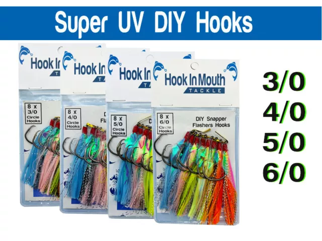 8 x DIY Super UV Flasher Hooks 3/0 4/0 5/0 6/0 Flathead Rigs Snapper Snatcher