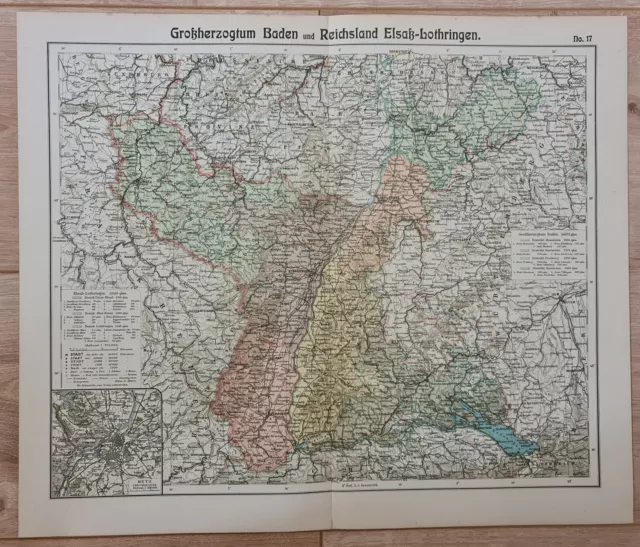 Landkarte map 1910: Grossherzogtum Baden und Elsass-Lothringen Metz