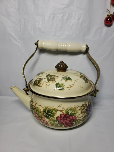 Enamel Teapot Vintage Grapes And Brass Table Tops Unlimited