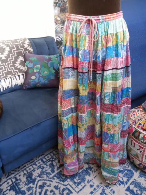 Vintage 80s 90s patchwork tiered hippie maxi skirt, multicolor boho M Medium