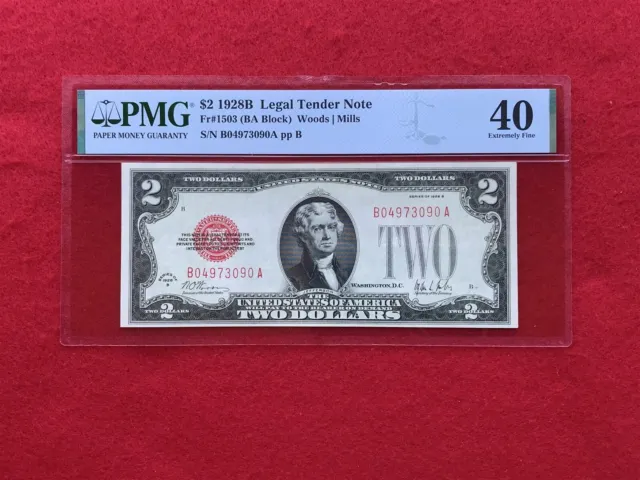 FR-1503 "KEY" 1928 B Series $2 Red Seal US Legal Tender Note *PMG 40 Extra Fine*