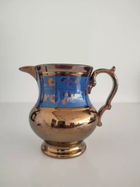 Antique Early Victorian Copper Lustre Jug With Blue Band Decoration