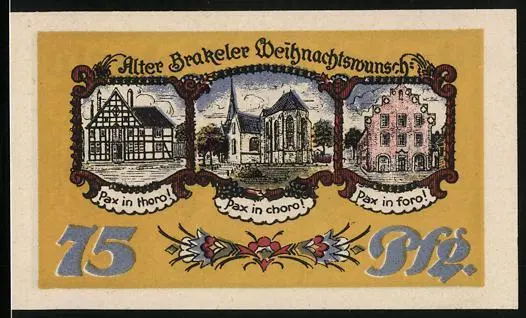Notgeld Brakel /Höxter 1921, 75 Pfennig, Weihnachtswunsch Pax in thoro, Pax in