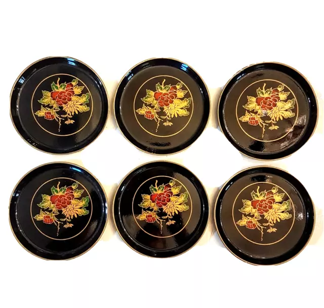 Black Laquer Ware LOT of 6 Coasters MCM VTG Japanese Red & Gold Floral Bar Ware