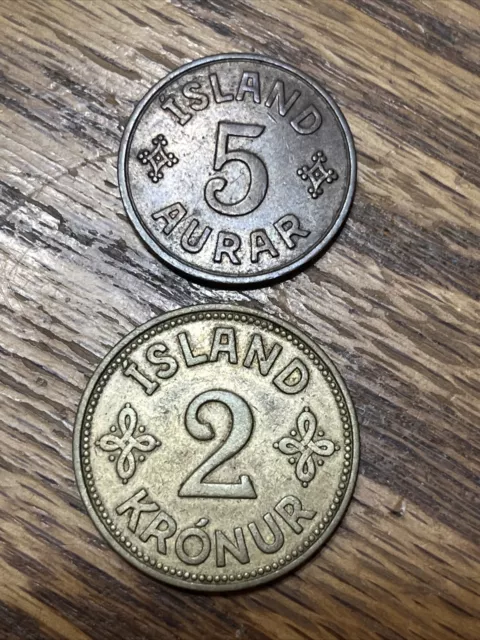 1940 Iceland 2 coin lot, 5 Aurar & 2 Kronur. Both low mintages.  NICE COINS! 3