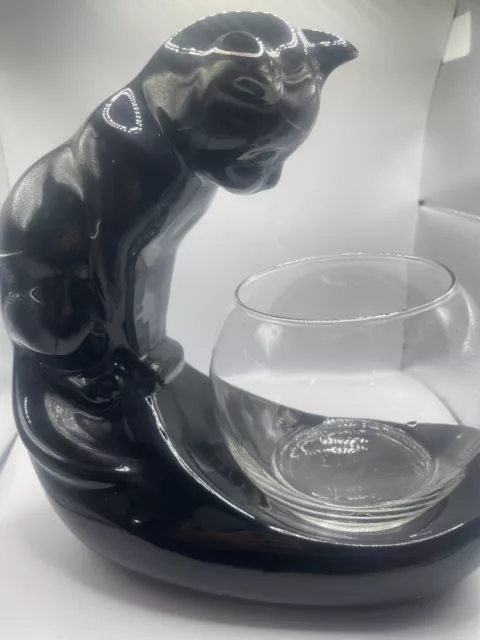 Vintage Royal Haeger Black Cat Pottery Sculpture with Fish Bowl (non Orig) 1996