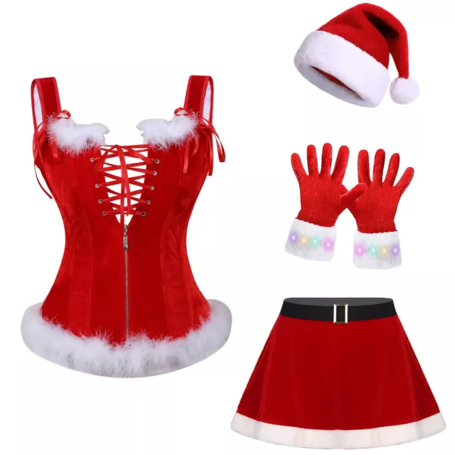 Womens Christmas Costume Nightwear Corset Bustier Naughty Skirt Valentine Hat