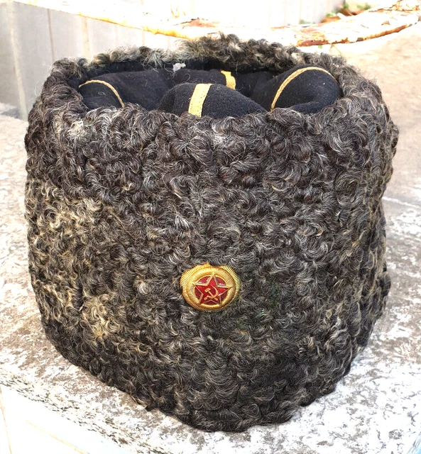 Urss / Unione Sovietica Papacha Russia Pelliccia Nero Tessuto Esterno