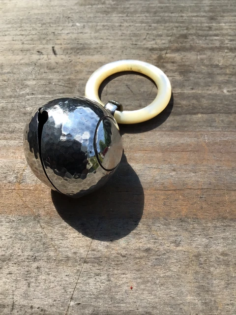 ANTIQUE SILVER BALL RATTLING WITH MOTHER OF PEARL TEETHING RING BIRMINGHAM 1910c