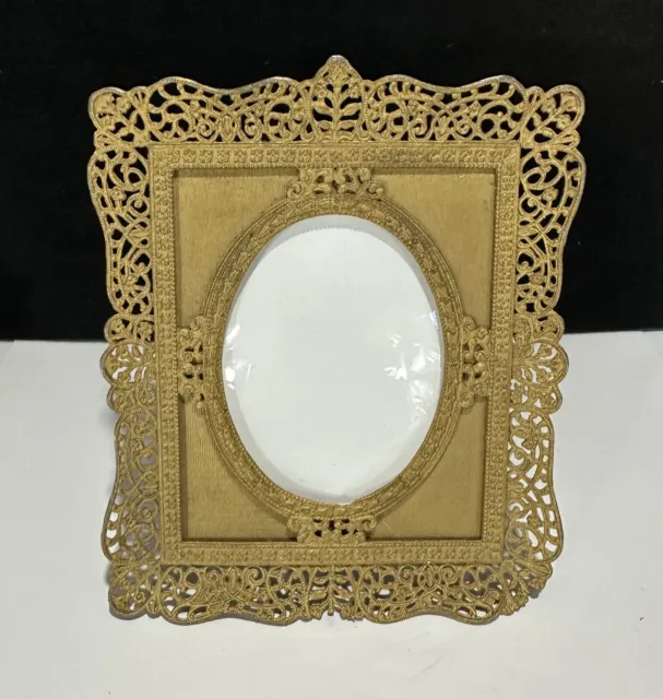 Antique Convex Bubble Glass Picture Frame Oval Gold Ormolu Easel Back 4.5 x 3.5