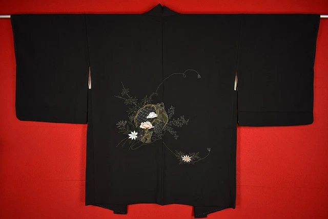 Vintage Japanese Kimono Silk Antique BORO Black HAORI Embroidery/A938/550