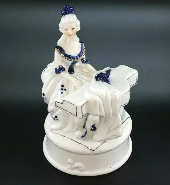 Porcelain Figurine German Lady Playing Piano White Blue Gold Victorian VTG