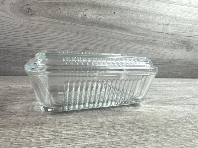 Vintage Retro Refrigerator Dish W/ Lid Clear Ribbed Glass Pasabahce Butter Dish