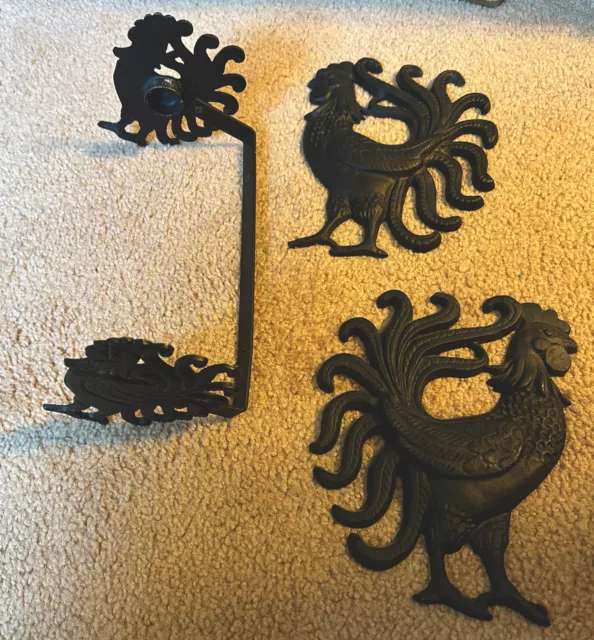 Cast Iron Roosters Pair of 9.5 inch  L&R W/ Cast Aluminum Paper Towel Holder