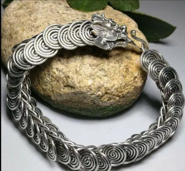 Exquisite Old Chinese tibet silver handmade dragon head Bracelet 8026