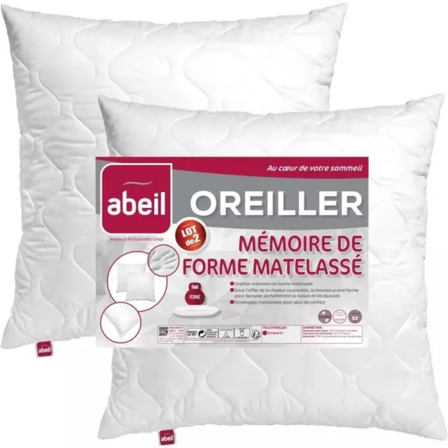 ABEIL Lot de 2 Oreillers à Mémoire de Forme Matelassés, Ferme - 60x60 cm - Blanc