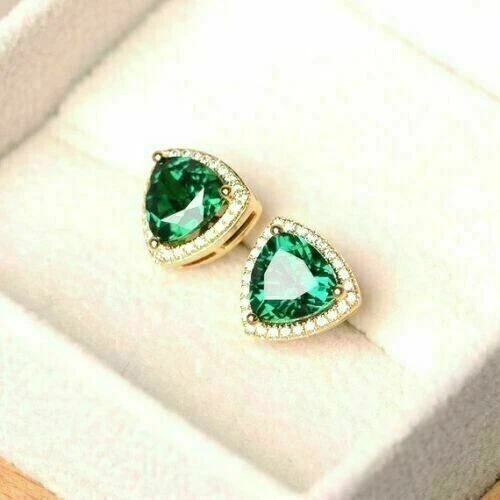 2 CT Trillion Simulated Green Emerald Halo Stud Earrings 14K Yellow Gold Finish