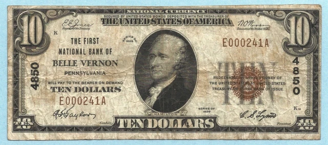 $10 National Currency 1929 - Type 1 - Ch#4850 - 1st NB, Belle Vernon, PA - VF