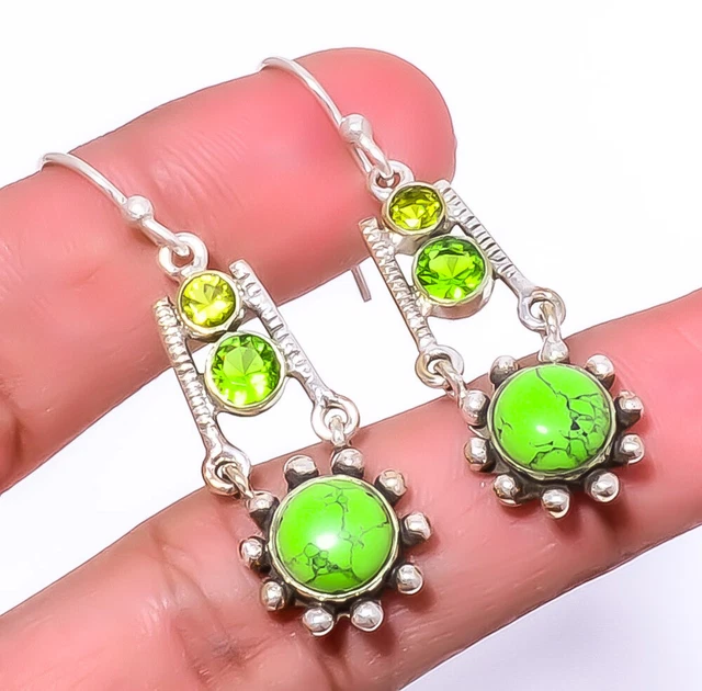 Green Turquoise & Peridot 925 Sterling Silver Earring 1.56" A348