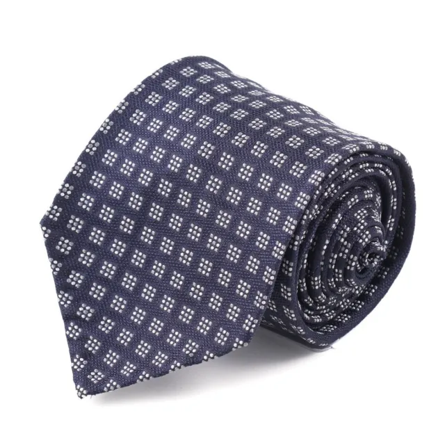Sartorio Napoli by Kiton Navy and White Patterned Unlined 7-Fold Silk Tie NWT