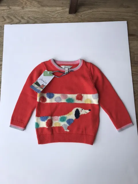 Joules Girls Geegee Novelty maglione lavorato a maglia - Red Sausage Dog Età 2 anni *BNWT*