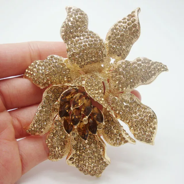 Fashion Jewelry Orchid Flower Brown Rhinestones Crystal Brooch Pin Gold-Tone