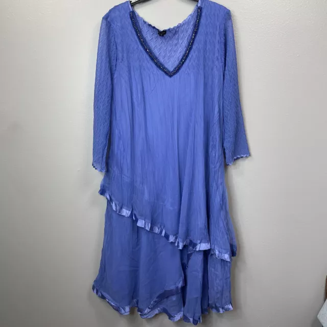 Komarov Tiered Dress Women Plus 1X Blue Chiffon V-Neck 3/4 Sleeve A-Line Pleated