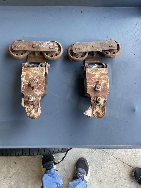 Antique Vintage Pair Double Spoke Wheel Barn Door Roller Hangers